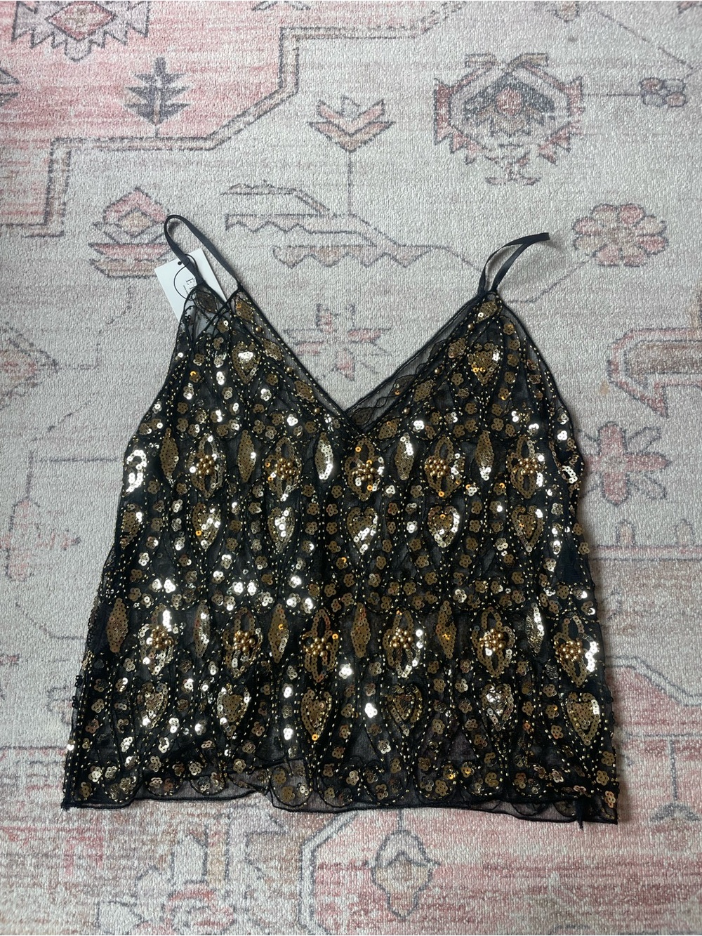 NWT Edyisa Fairycore Sequin Lace V-Neck Cami Tank Top - Black & Gold Womens S/M